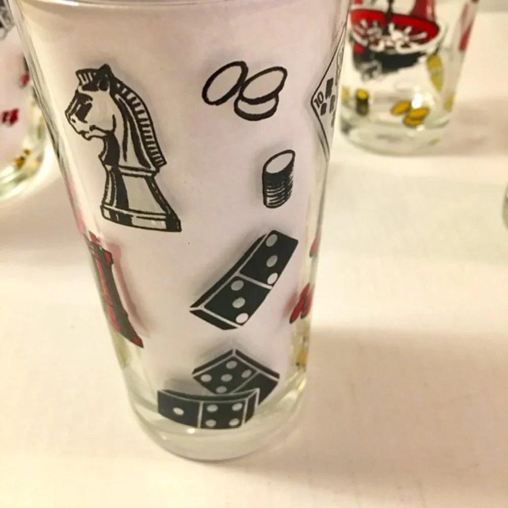 Hazel Atlas Ice Bucket Three Tumblers Set Vintage 1960s Game Night Poker Roulett